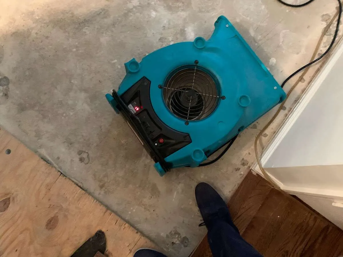 Air mover drying subfloor during Commercial Water Damage Restoration in Bellbrook